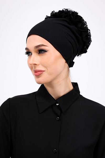 Loggia 6-Piece Black Hijab Set - Bun Buckle, Scarf Headband, Clip, Inner Hijab, Plain Bonnet, Ruffled Bonnet