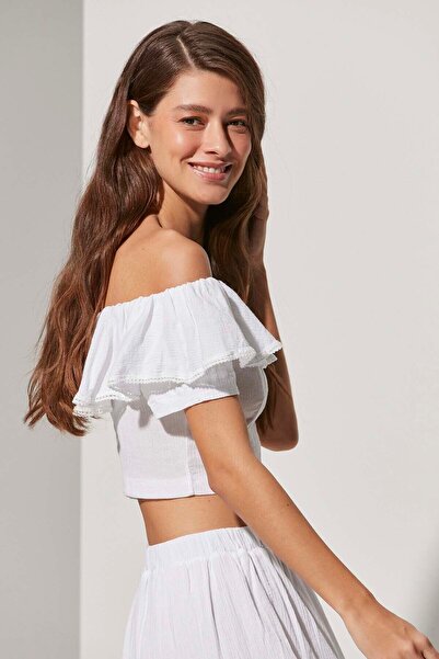 White By Nature Short Sleeve White Blouse with Barbell