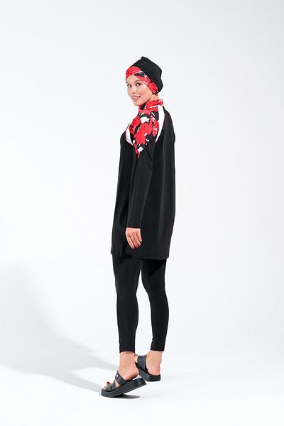 Plistre 2240_Printed Zipper and Intermediate Piping Detailed 4-Piece Set Full-Covered Hijab Swimsuit