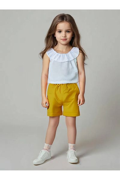 Moda Lina Baby Girl's Madonna Collar Blouse & Mustard Color Shorts