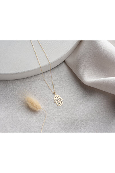 Minimal Kolye Desenli Fatma Ana Eli Figürlü 14 Ayar Altın Kolye 1.2 cm Kolye ...