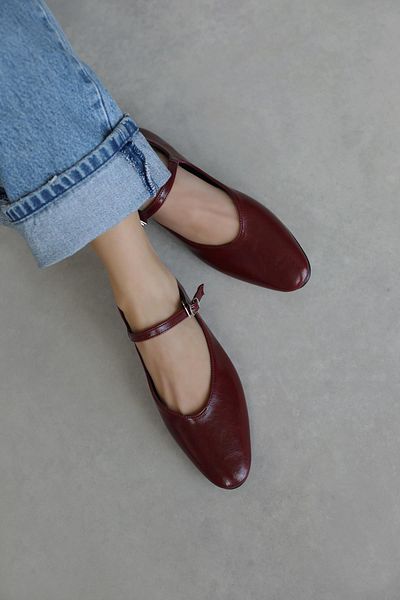 STRASWANS Balerini din piele șifonată de damă, roșu claret deschis