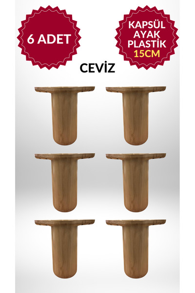 MKLAKS 15cm Kapsül Bohem Ayak (CEVİZ) Koltuk Mobilya Masa Baza Ayak 6lı Paket...