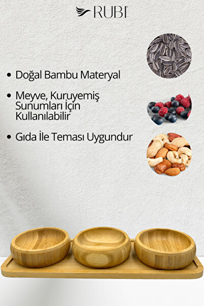 rubihome 3'lü Doğal Bambu Çerezlik, Meyvelik Kase Seti