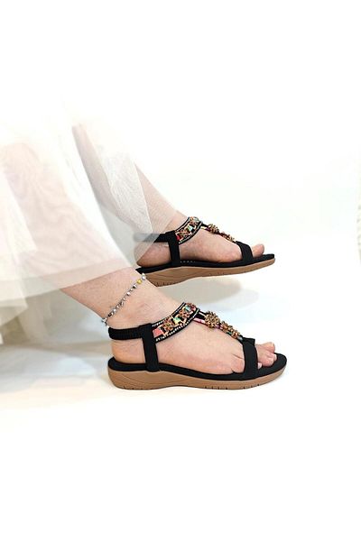 Voyager 9639 Black Sole Massage Stone Embroidered Sandals