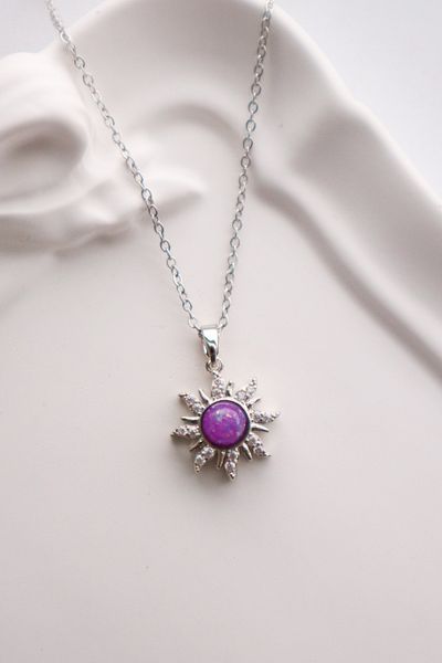 EFBUTİK Stainless Steel Silver Color Purple Enamel Zircon Stone Sun Necklace