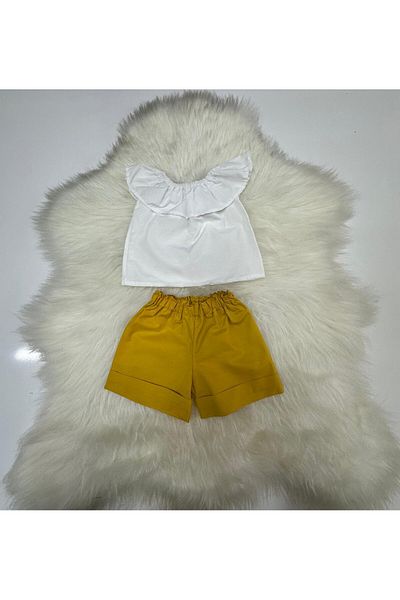 Moda Lina Baby Girl's Madonna Collar Blouse & Mustard Color Shorts