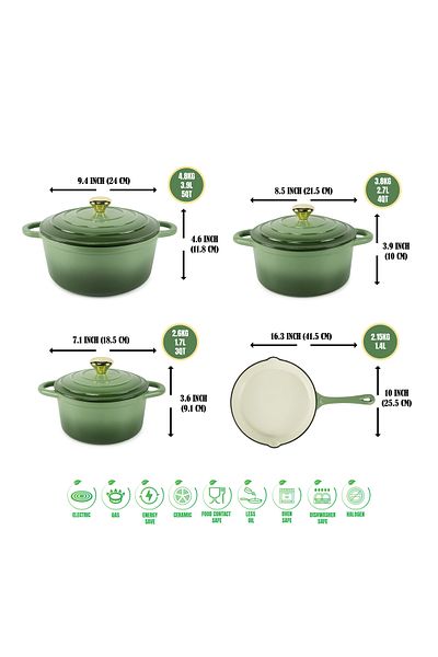 VAV GET 7-Piece Enameled Cast Iron Dutch Oven Set with Lids, Gloves & 2-Piece Spice Mills