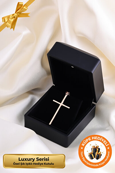 Lucente Jewellery Luxury Serisi Işıklı Hediye Kutulu 925 Ayar Rose Gümüş Kaplama Haç Kolyesi Haçlı Kolye