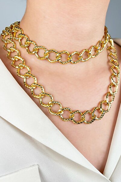 Sose Moda Çift Sıra Ezme Model Baklava Zincir Kolye - Gold