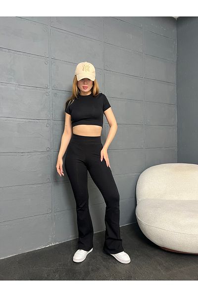 LE CARAMBOLE Women's Black Crew Neck Blouse Pants Double Set