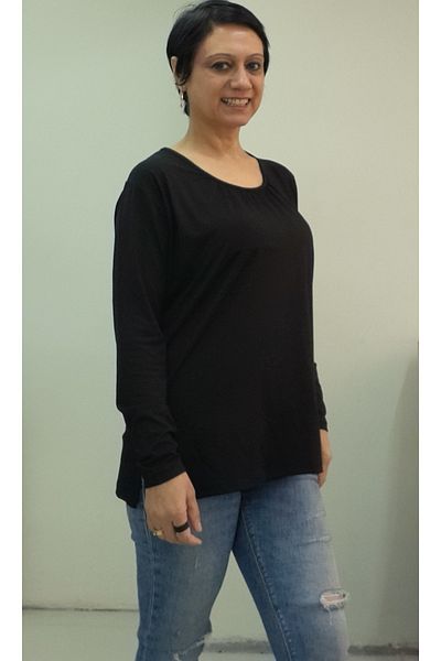 Mertcan Butik Long Sleeve Gathered Collar Black Viscose Combed Cotton T-Shirt