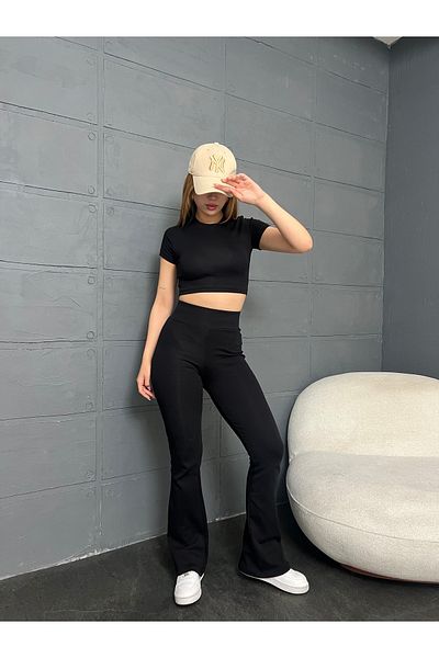 LE CARAMBOLE Women's Black Crew Neck Blouse Pants Double Set
