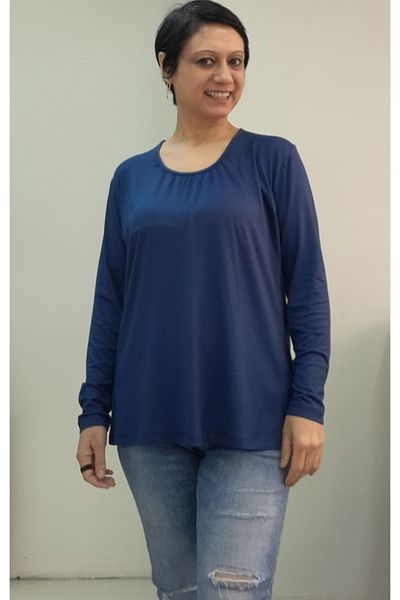 Mertcan Butik Navy Blue Combed Cotton Viscose T-Shirt with Drawstring Collar