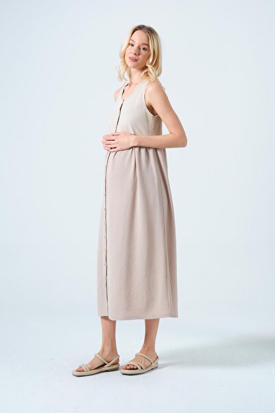 BUSA Hamile Sıfır Kol Yandan Cepli Midi Boy Keten Elbise BEJ