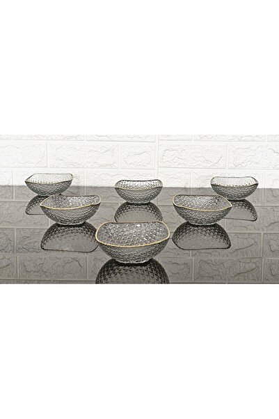 atabey home 6 Person Square Cut Decorated Snack Bowl Gold Detail Glass Bowl 12 cm