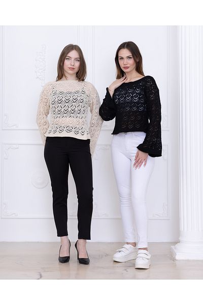 Ugdelia Bluză, tricot și pulover de cuplu sezonier cu model de mânecă spaniolă pentru femei cu găuri ajurate G001