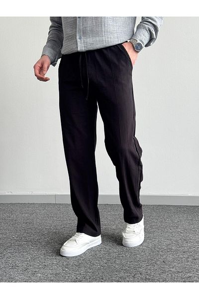 He Brand Men's Black Elastic Waist Linen Baggy Pants Comfortable Fit Baggy