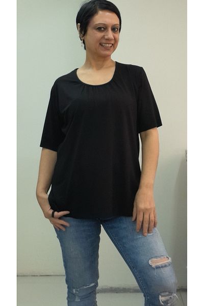Mertcan Butik Gathered Front Round Neck Short Sleeve Black Combed Cotton T-Shirt
