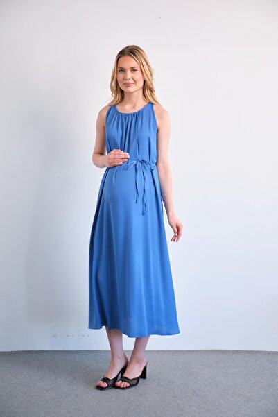 BUSA Hamile Beli Bağcıklı Sıfır Kol Midi Boy Saten Elbise MAVİ