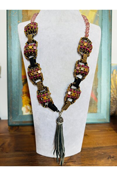 Peri Takı Tasarım El yapımı Çilek Kuvars Doğal Taşlı Deri Püsküllü ithal bonc...