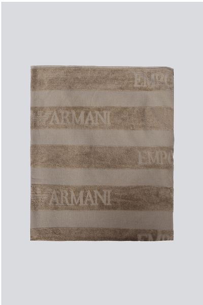 Emporio Armani Unisex Vertical Stripe Motif Eagle Logo Cotton Beige Beach Towel Ex 000016   Af12357-U6189