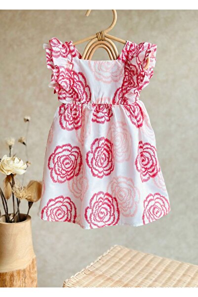 Rainbow Kız çocuk pembe çiçek detaylı elbise