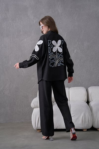 Miss Allos Women's Back and Sleeves Embroidered Floral Accessories Linen Kimono Jacket and Pants Bottom Top Set