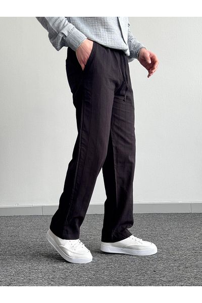 He Brand Men's Black Elastic Waist Linen Baggy Pants Comfortable Fit Baggy