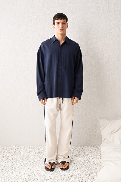 GIESTO Draped Linen Navy Blue Shirt