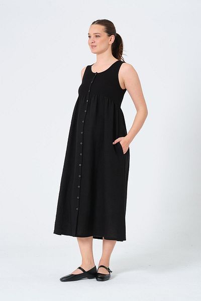 BUSA Maternity Zero Sleeve Side Pocket Midi Length Linen Dress Black