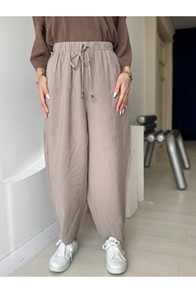 FEHUBLOOM Beige Elastic Waist Leg Detailed Pocket Trousers