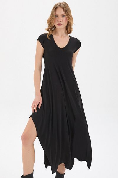 By Yaren Yazıcı V Neck Moon Sleeve Asymmetrical Detail Design Dress