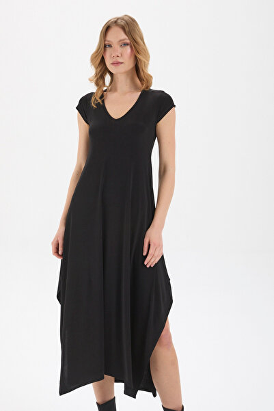 By Yaren Yazıcı V Yaka Ay Kol Asimetrik Detay Tasarım Elbise