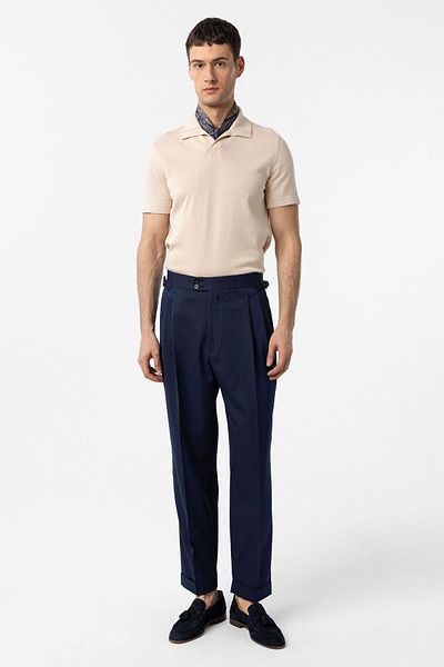 Antioch Light Navy Blue High Waist Italian Mold Pleated Men's Trousers