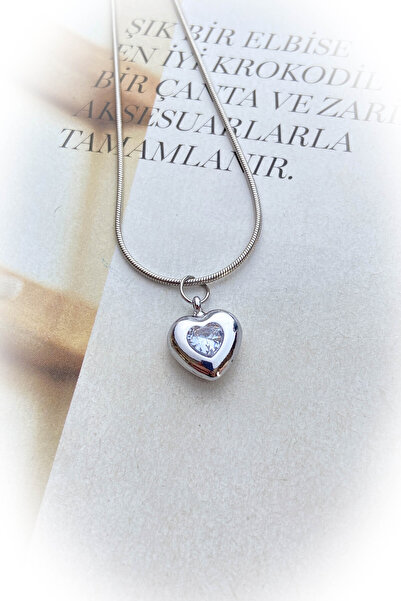 roshel Çelik Gümüş Renk Kalpli Taş Detaylı Çelik Kolye 5 Farklı Taş Seçeneği