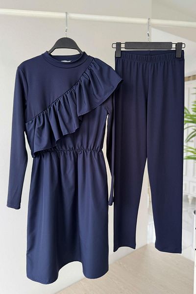 Ka Hijab Λεπτομέρεια βολάν Πλήρως καλυμμένο μαγιό 2 τεμαχίων Hijab - Navy Blue