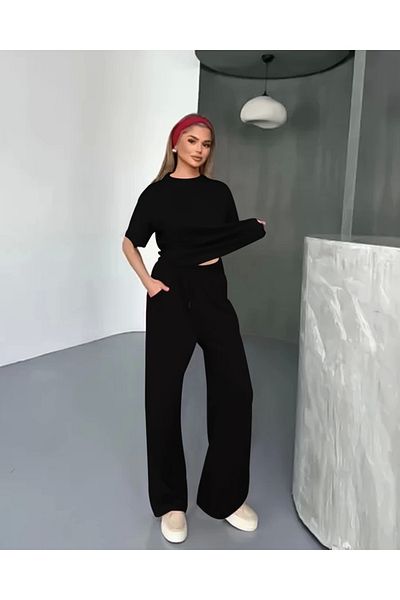 Tam12den Home Osy Modal μαλακή υφή με κοντομάνικη μπλούζα Casual Pantalon διπλό κοστούμι- Μαύρο
