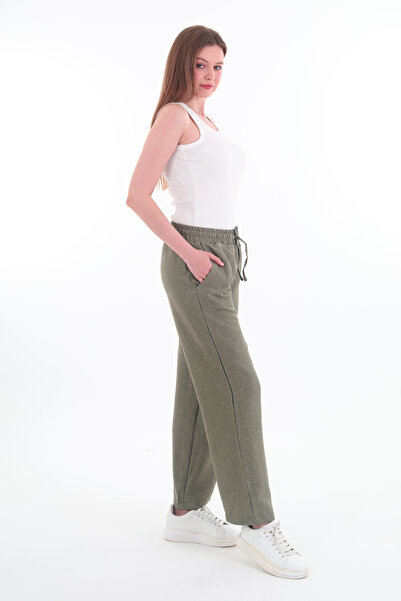 Rich Women's Linen Wide Leg Elastic Waist Khaki Trousers