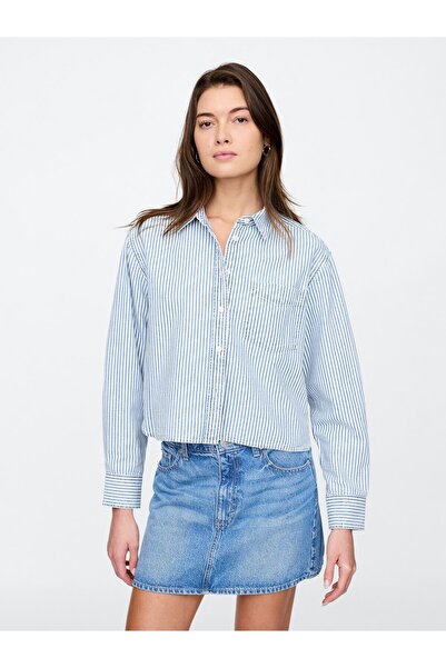 GAP Kadın Mavi %100 Pamuk Çizgili Crop Gömlek