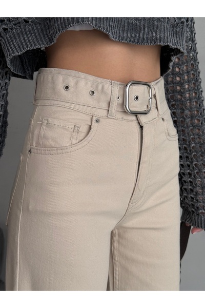 Bluezoni Γυναικείο Κρεμ Παντελόνι Λύκρα Palazzo με Φαρδιά Ζώνη Jean