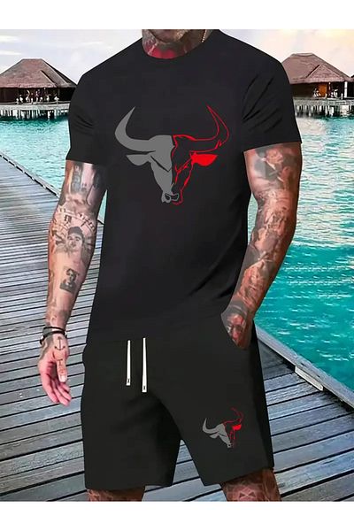 Minikelya Men's 2Pcs Casual Sportswear Set, Crew Neck Short Sleeve T-Shirt