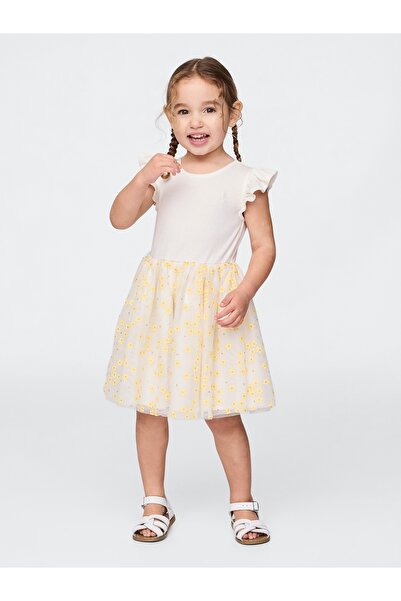 GAP Kız Bebek Kırık Beyaz Çiçek Desenli Tül Elbise