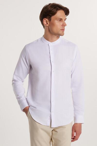 Tudors Erkek Slim Fit Dar Kesim Uzun Kollu Pamuklu Beyaz Hakim Yaka Gömlek