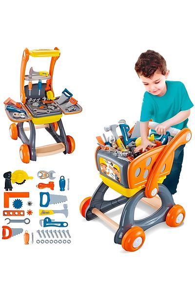 Fitness World 2 in 1 Kids Educational Workshop Tool Cart and Shopping Cart Playset with Multiple Accessories