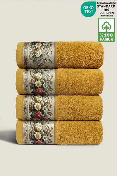 Ellaline Set of 4 Fiore Towels 100% Cotton Floral Pattern Hand / Face / Kitchen 50X90Cm