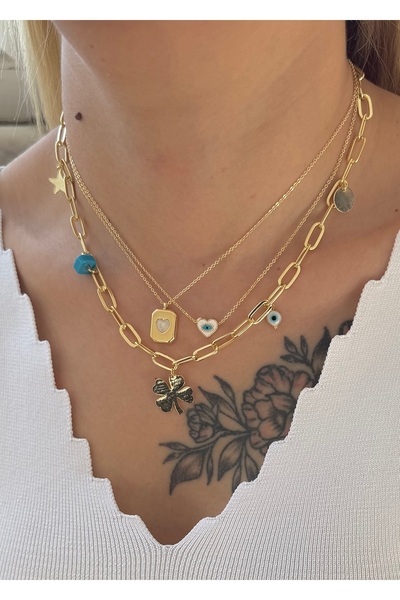 takıtarzım Üçlü gold yonca kalp set kadın kolye seti