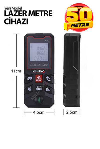 Millian 50 Metre Yüksek Hassasiyet Lazer Metre Ölçer LCD Dijital Ekran Su Terazili Lazermetre Lazerli