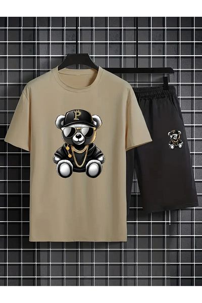Minikelya Bear Patterned Men's Short Sleeve T-Shirt & Lace-Up Shorts Set of 2 with Sunglasses