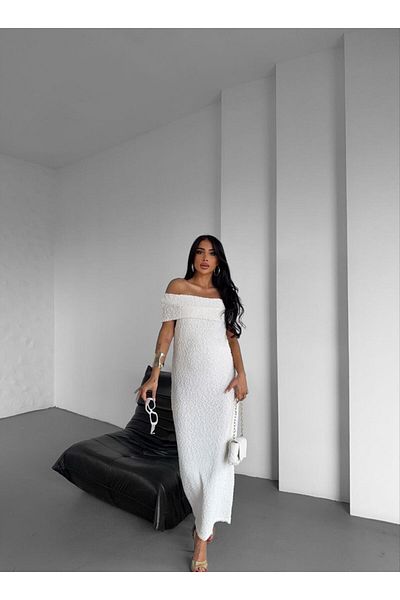 Cistern İstanbul Rochie lungă de tricotaj cu textura albă cu guler Madonna de damă